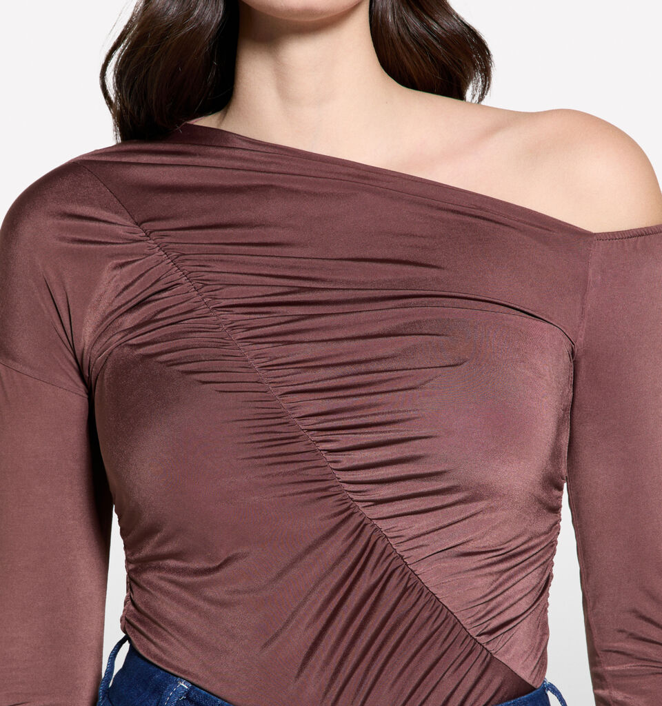 Dark brown t-shirt with rouching - women's tops - Dark Brown | Sisley image number 5